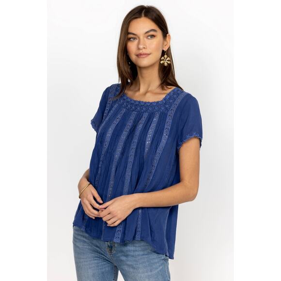 Johnny Was Brigita Blouse Blue Square Neck Eyelet Embroidered Short Sleeve Sz L - Picture 3 of 11